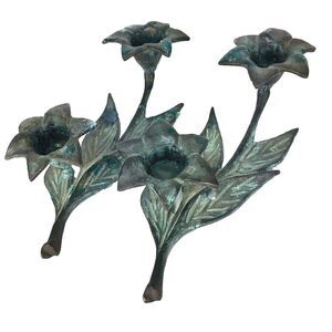 Antique Bronze Flowers with Leaves Pair of Tapered Verdigris Candle Holders